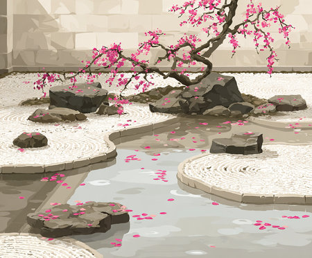 A garden features a tree with pink flowers, rocks surrounded by water, and paths made of white stones. This area supports reflection and connection with nature.の素材