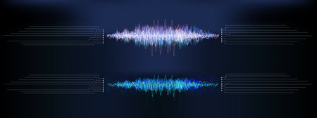 Sound wave patterns shown in blue and purple colors on dark background during sound analysis session...