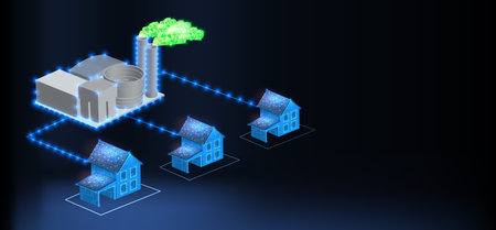 In a futuristic setting, a green energy facility powers an array of smart homes with advanced technology, showcasing innovation in sustainable living and community energy solutions.のイラスト素材