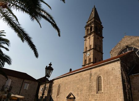 Perast. Building. Montenegro. The bell tower of the Catholic Church.の写真素材