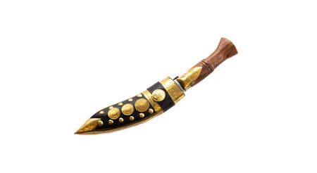 Old indian handmade knife in leather scabbard on a white background. Engraving, leather, metal, wood.の写真素材