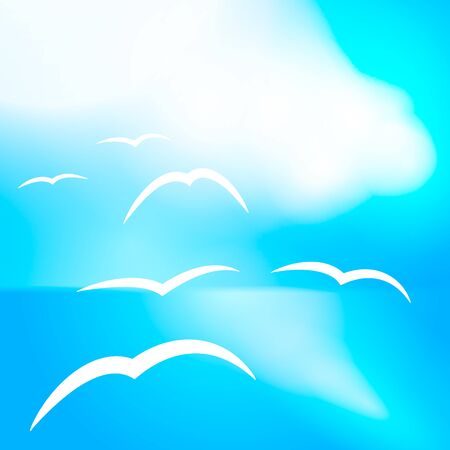 Flying seagulls on the sea. Blue vector backgroundのイラスト素材
