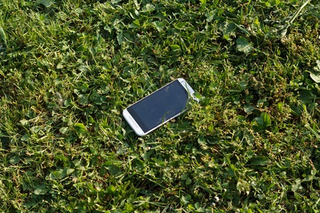 Lost white smartphone lying in the grassの写真素材