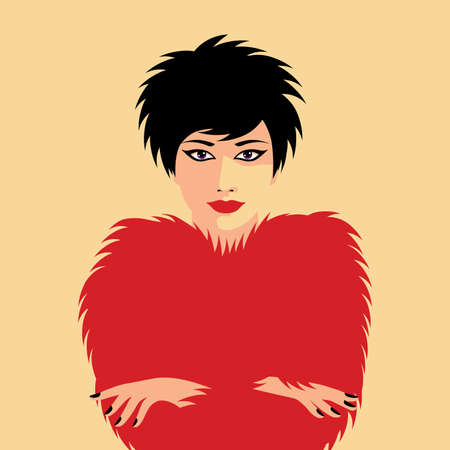 Fashion girl with red lips in fur coat. Beautiful woman face vector illustration.のイラスト素材