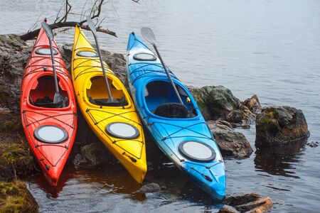 tree colorful kayaks are on the rocky shore, kayak on shoreの写真素材