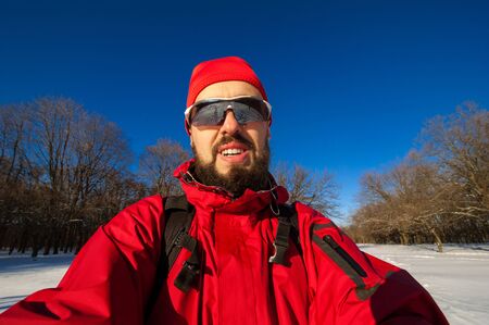 man take his journey selfie photo with wide angle camera, self portrait pictureの写真素材