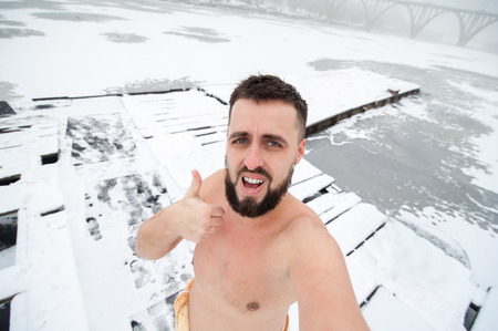man take his journey selfie photo with wide angle camera, self portrait picture thumb upの写真素材