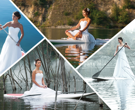 Concept healthy lifestyle. Nice dress. Collage with photo stand up paddle board. の写真素材