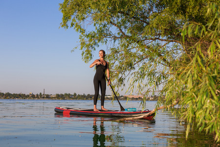 stand up paddle board yoga performed by beautiful girl on the bright city background, yoga training...