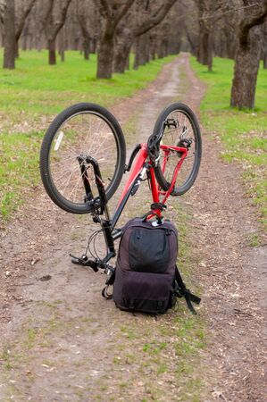 Active and sport leisure concept. Mountain bike standing up for technical checking and black photo...