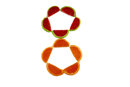 eight isolated slices of marmalade on a white background.Sugar fruit marmalade.international women day.の写真素材