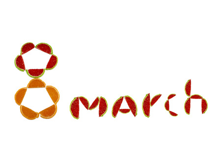 on a white isolated background, pieces of marmalade consist of the word March and the number 8.8 March.の写真素材