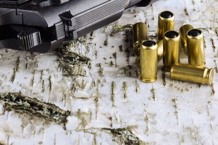 Gun and 8 rounds on a wooden birch surfaceの写真素材