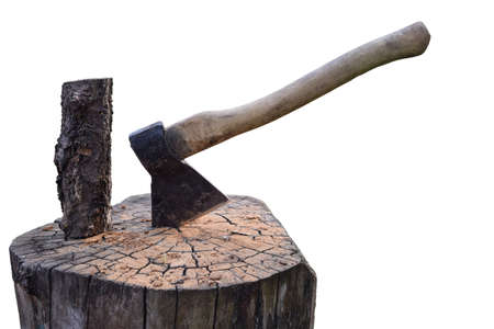 The ax is driven into a wooden deck on a white clipping background, and there is also a log on the deckの写真素材