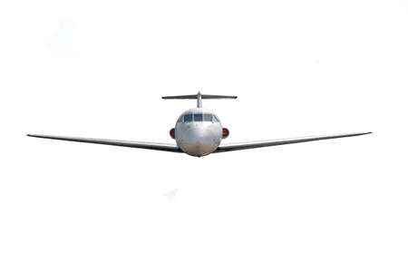 Yak-40 passenger plane flies with closed landing gear on a clean white background with clipping....