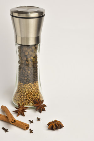 Pepper mill with different types of peppers in layers, as well as stars of anise and cinnamon on a white background. On the right is a place for an inscriptionの写真素材