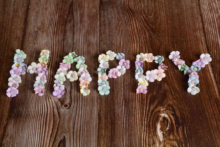 The word HAPPY is lined with letters on a dark wooden background in multicolored flowers.の写真素材