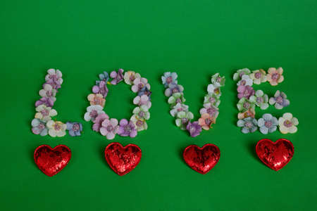 On a green background, the word LOVE is lined with large letters in multi-colored flowers. Decorative hearts lined up from belowの写真素材