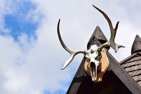 On the right, a decorative deer skull with large antlers hangs on the wooden roof of the house. On the left, against the blue sky, there is an empty space to insert the inscriptionの写真素材