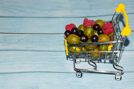 Raspberries, gooseberries and currants are heaped in a small yellow toy shopping cart. On the left side there is an empty space to insert textの写真素材