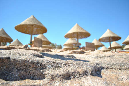 In the background blurred rows of wicker beach umbrellas for relaxing on the beach against the sky. The foreground is also blurry.の写真素材