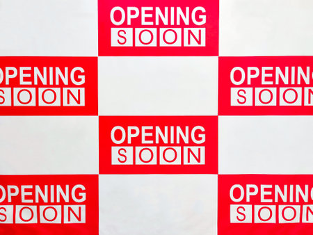 Illustration of the text OPENING SOON in red squares drawn in a checkerboard pattern. There is space for text in the white squaresの写真素材