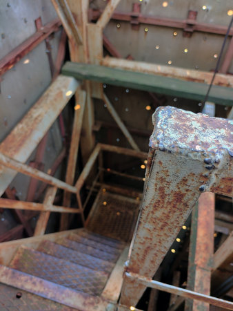 Handrails of iron rusty stairs of an old factory in perspective. Focus on foreground. The background...