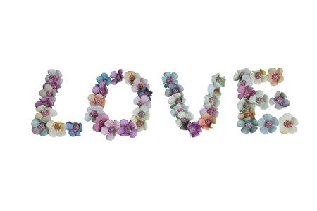 The word LOVE is spelled out in letters made of colorful flowers on a white background withの写真素材
