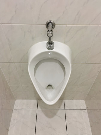 Men's white ceramic urinal in the ceramic tiled toilet in the center of the frame