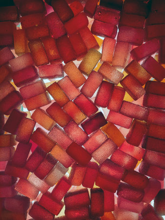 Dark pink and dark red rectangular jelly candies all over the background are lit from below. View from aboveの写真素材