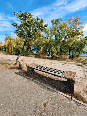 A stone decorative bench in the park near a tree in perspective against a background of blue sky and...