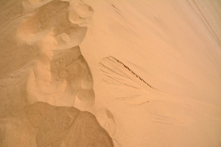 Top view of yellow hot desert sand. On the whole background. Arid climate and dehydration of the...