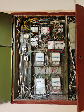 Electric switchboard with various electricity meters and a panel for monitoring the use of...
