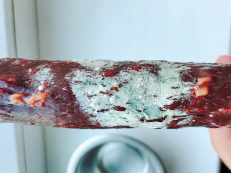 Spoiled rotten sausage with mold and fungus close-up. Top viewの写真素材