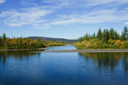 The river and its surroundings at the end of the summer  The Putorana Plateau, Russia, Taimyr Peninsula の写真素材