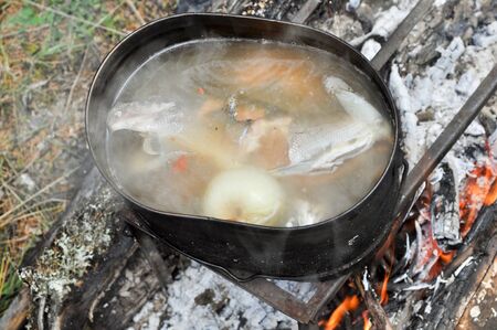Pot on a stand standing over the fire. Preparing fish soup on the fire during the trip.の写真素材