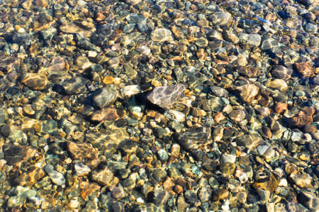 River pebbles under a thin layer of transparent water, illuminated by the sun.