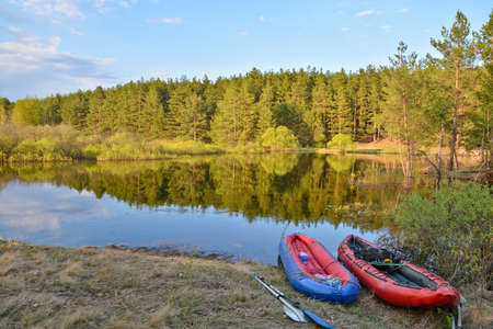 The journey on the river of the national Park. Tourist boat on the spring river in Central Russia.の写真素材