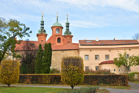 Church of St. Lawrence at Petrin Hill in Prague. View of the autumn Czech capital.の写真素材