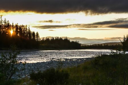 Sunset on the North river. Evening sky colors.の写真素材