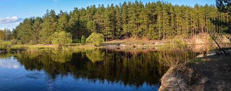Panorama of the spring river landscape. Meshchersky national Park in may.