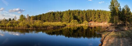 Panorama of the spring river landscape. Meshchersky national Park in may.の写真素材