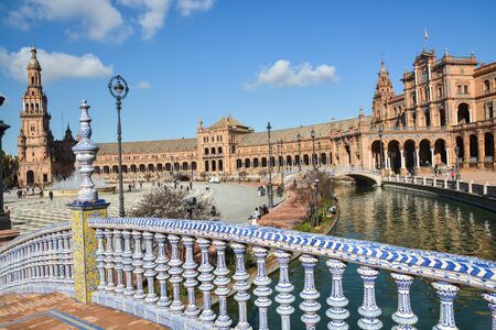 Square of Spain in Seville. Attraction in the capital of the Spanish region of Andalusia.の写真素材