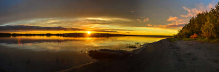 Panorama of the northern river. Water landscape, river on the eastern slope of the Polar Urals.