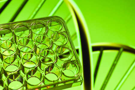 Achievements of modern biological science. A 24-well cell culture plate against an abstract biological background.の写真素材