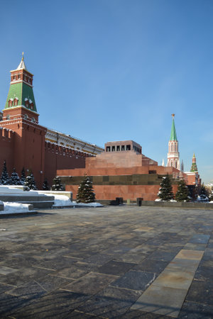 Lenin's Mausoleum at the Kremlin wall. View of the Moscow Kremlin from the Red Square in winter.