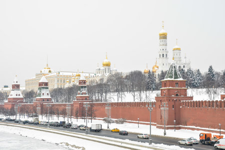 The Moscow Kremlin and the embankment. Center of the Russian capita in winter.の写真素材