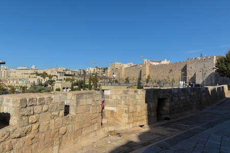 Western wall of the Old City of Jerusalem. A 16th century fortress wall built by Suleiman the Magnificent.のeditorial素材