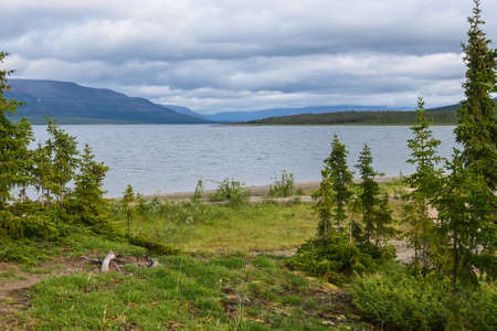 A mountain lake on the Putorana plateau. Water landscape in the region of active tourism in Russia.の写真素材