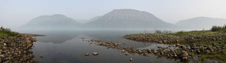 Panorama of the lake on the Putorana plateau. Water landscape in the far northern region.の写真素材